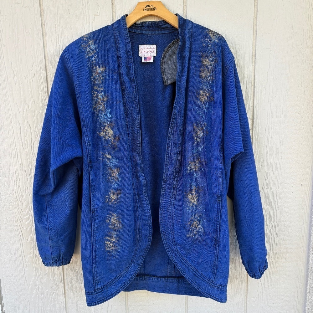 Vintage Sundance Jacket Womens Medium Blue Denim Painted Open Front USA Western
